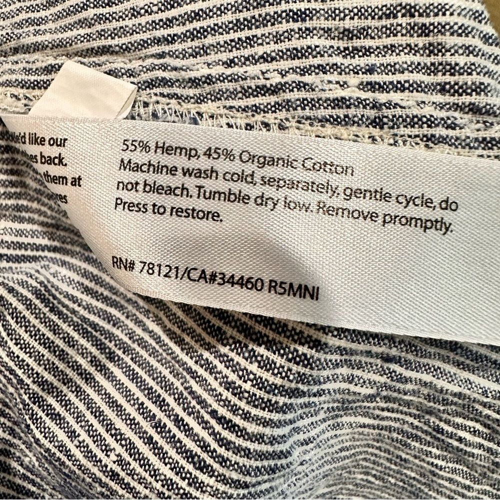 Button-Up Shirt Eileen Fisher Navy Striped Organic Cotton Hemp Mandarin Collar - Picture 3 of 15